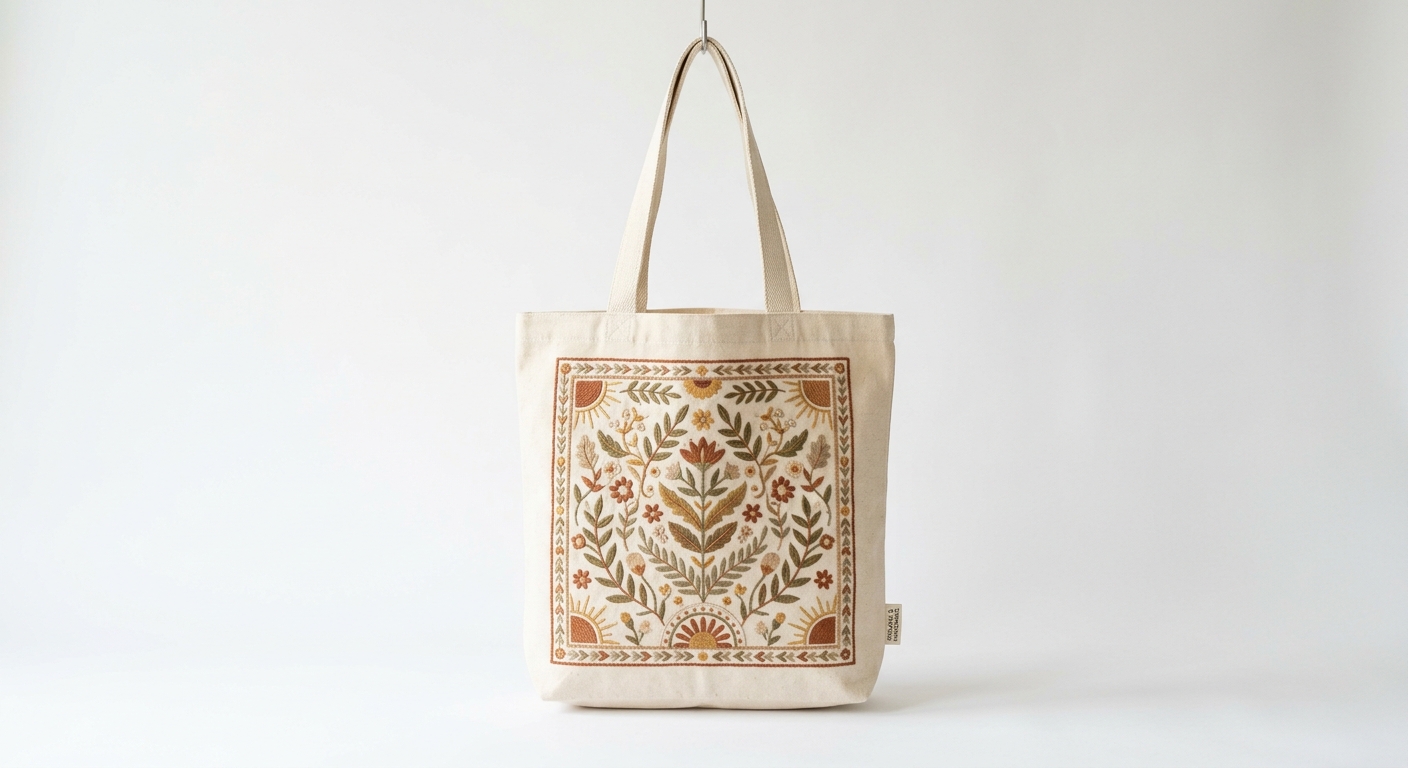 Organic Canvas Tote Bag – 16" x 14", Hand-Embroidered Boho Design, Natural