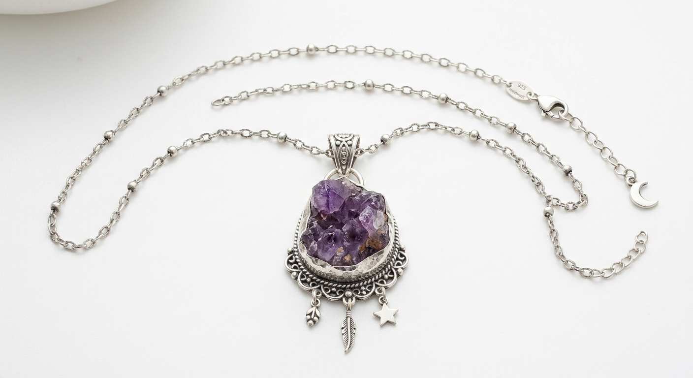 Sterling Silver Necklace – Raw Amethyst, 14 Inch, Bohemian Style